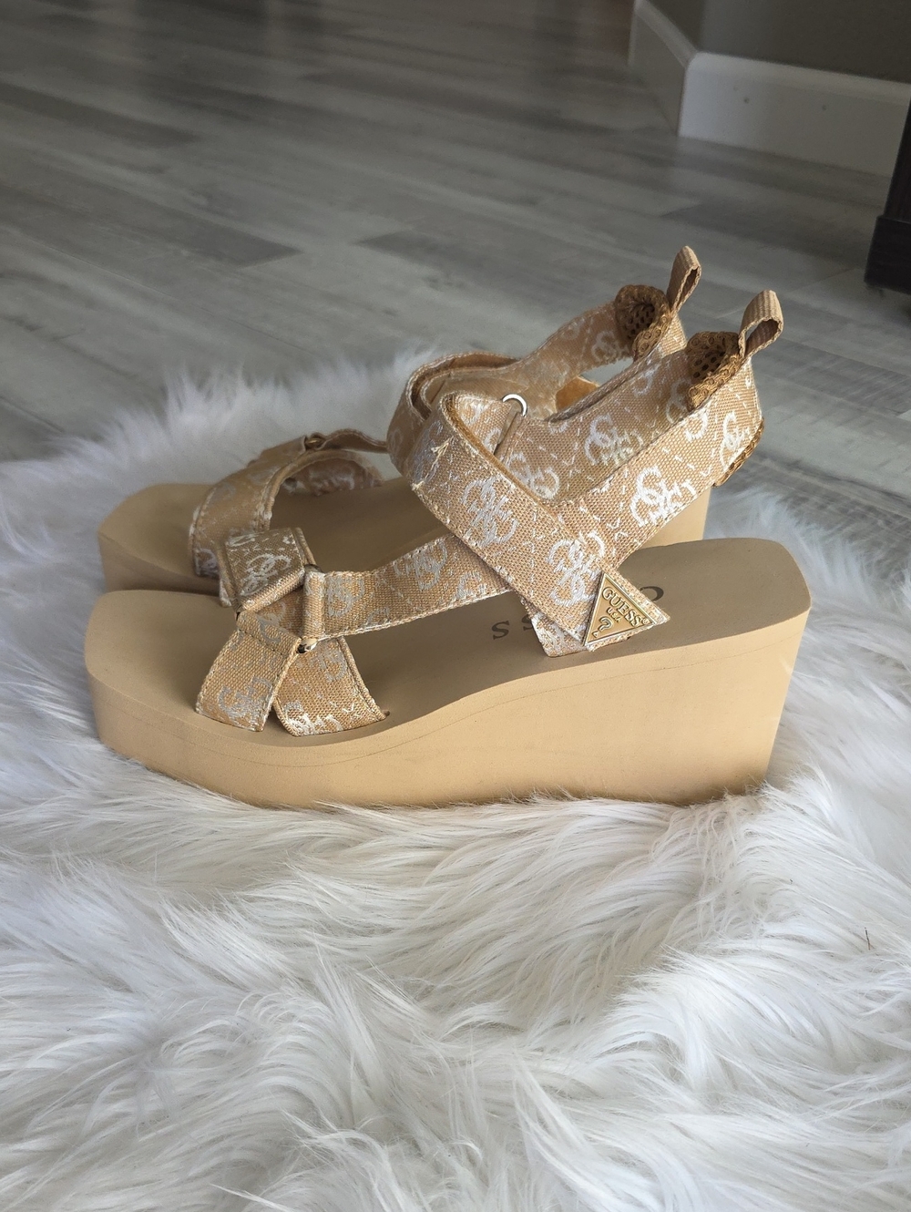 Guess Beige Floral Logo Wedge Sandals